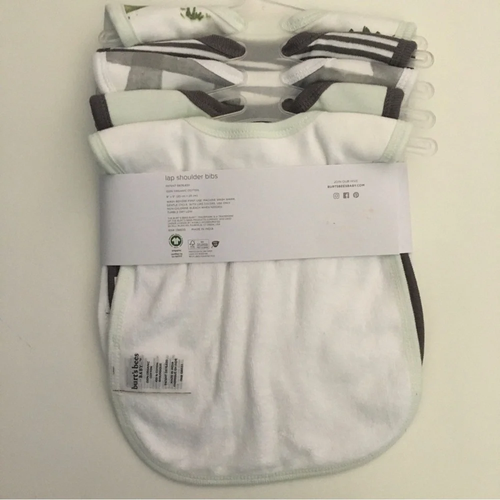 Burt’s Bees 5 Lap Shoulder Bibs Organic Cotton Green Dinosaurs Solid Stripes NEW